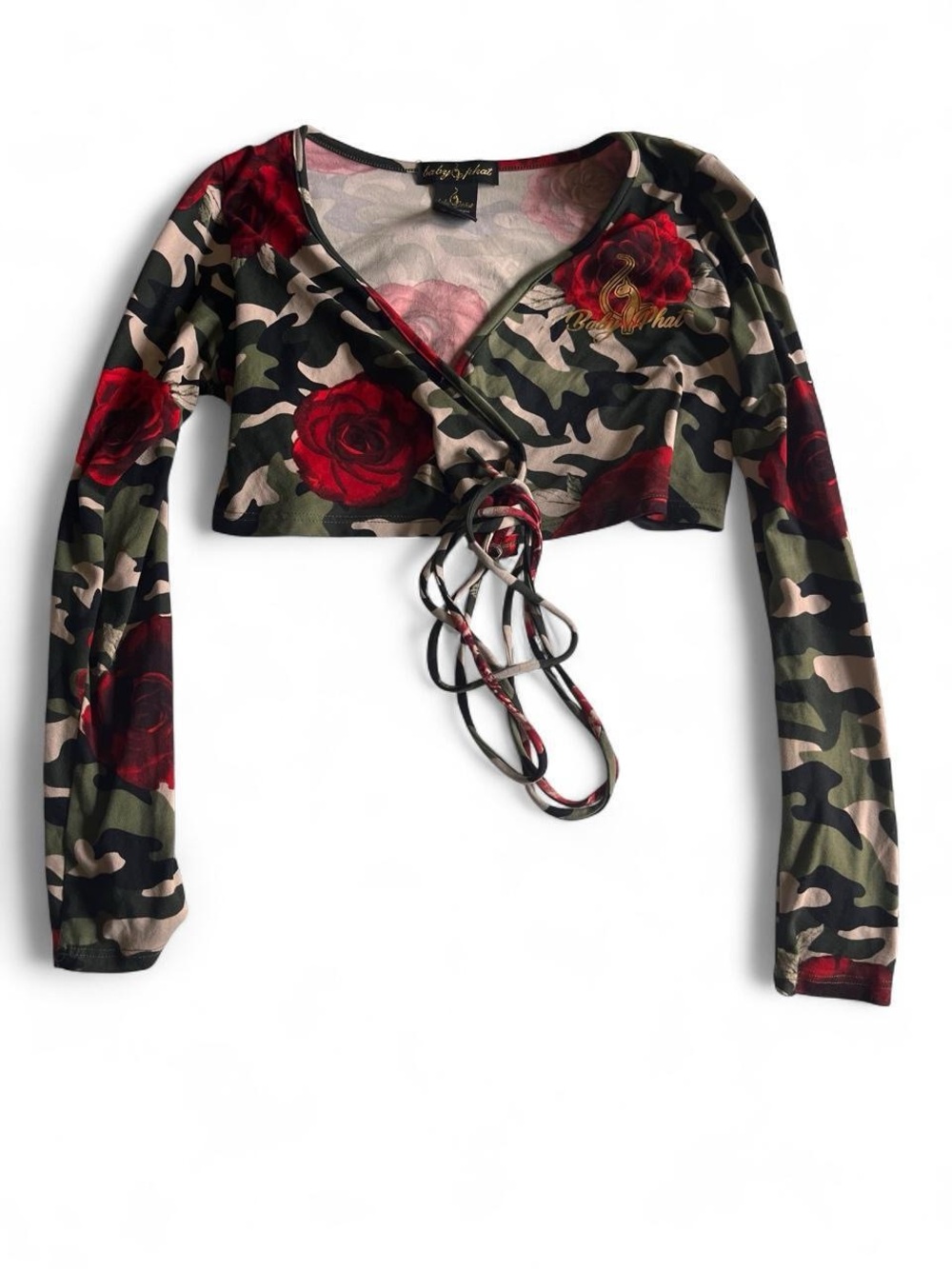 Baby Phat Camo Crop Wrap Top with Red Rose Print